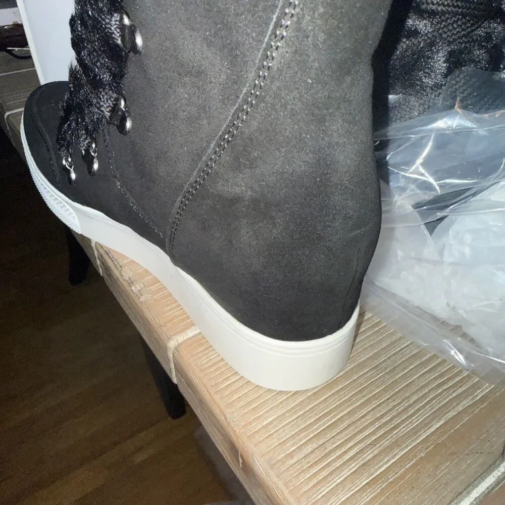 Steve Madden-Women's Wharton-Black/White-Wedge Faux Fur Suede Boots Size 10 NEW
